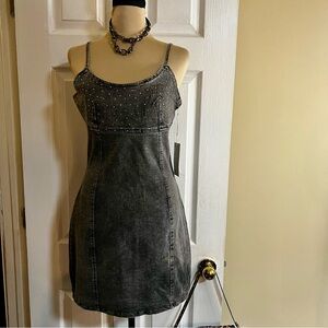 New Women’s Acid Wash Rhinestone Denim Stretch Pin-up Corset Grunge Mini Dress M